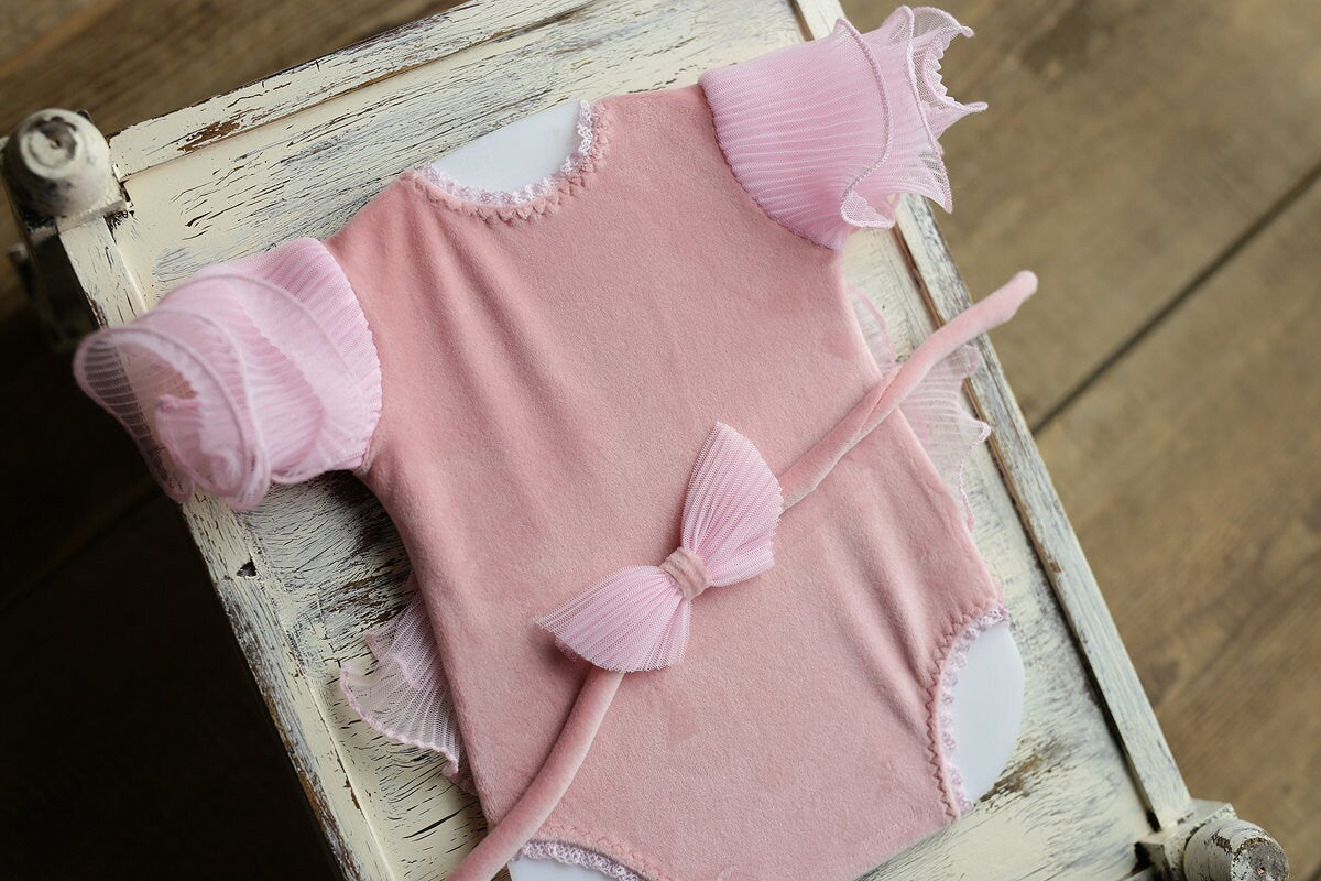 Newborn girl romper with elegant lace trim & headband,Newborn Romper,Newborn photography prop,Newborn photo outfit girl,Pregnancy gift