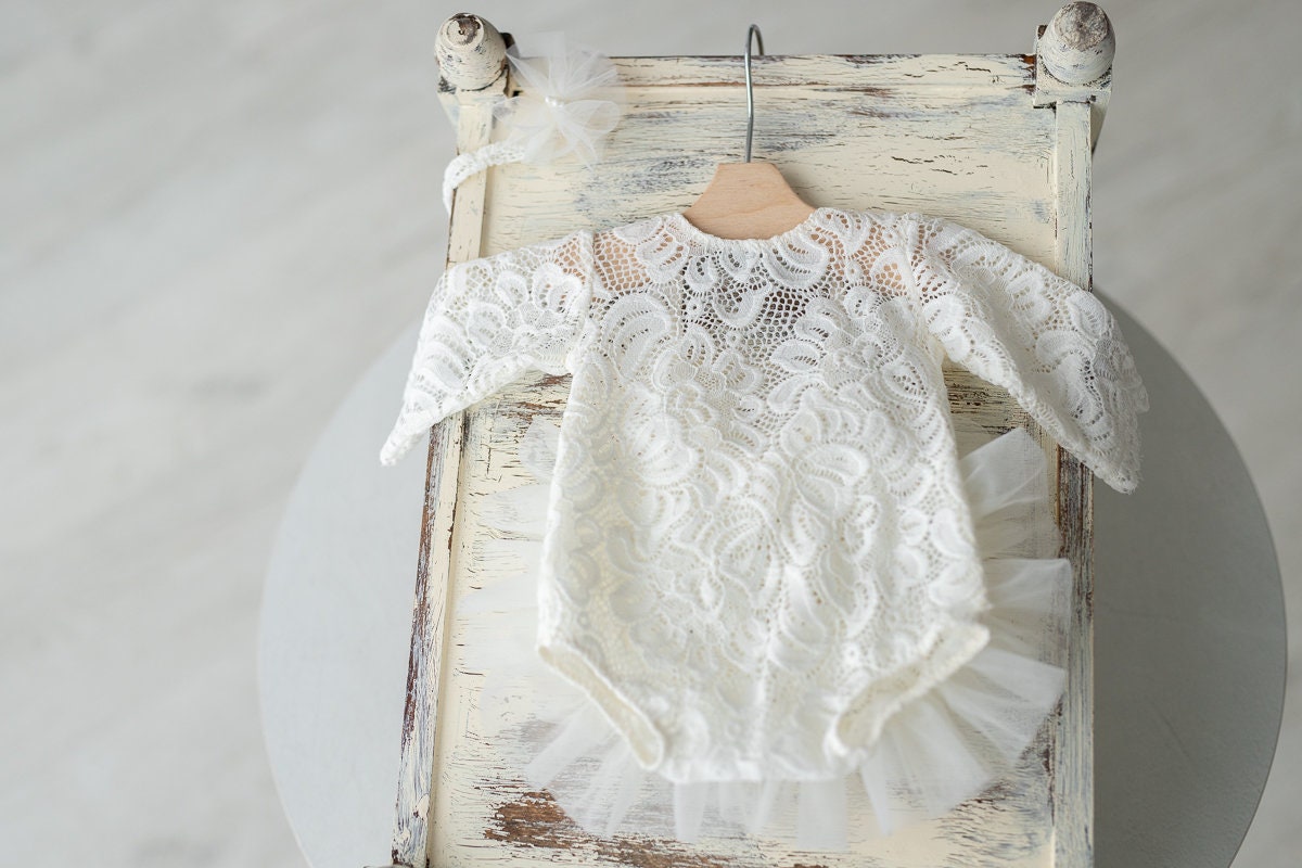 White lace romper for newborn girl photography outfit,Newborn Romper,Newborn Outfit,Newborn romper with Headband,Newborn Photography Prop