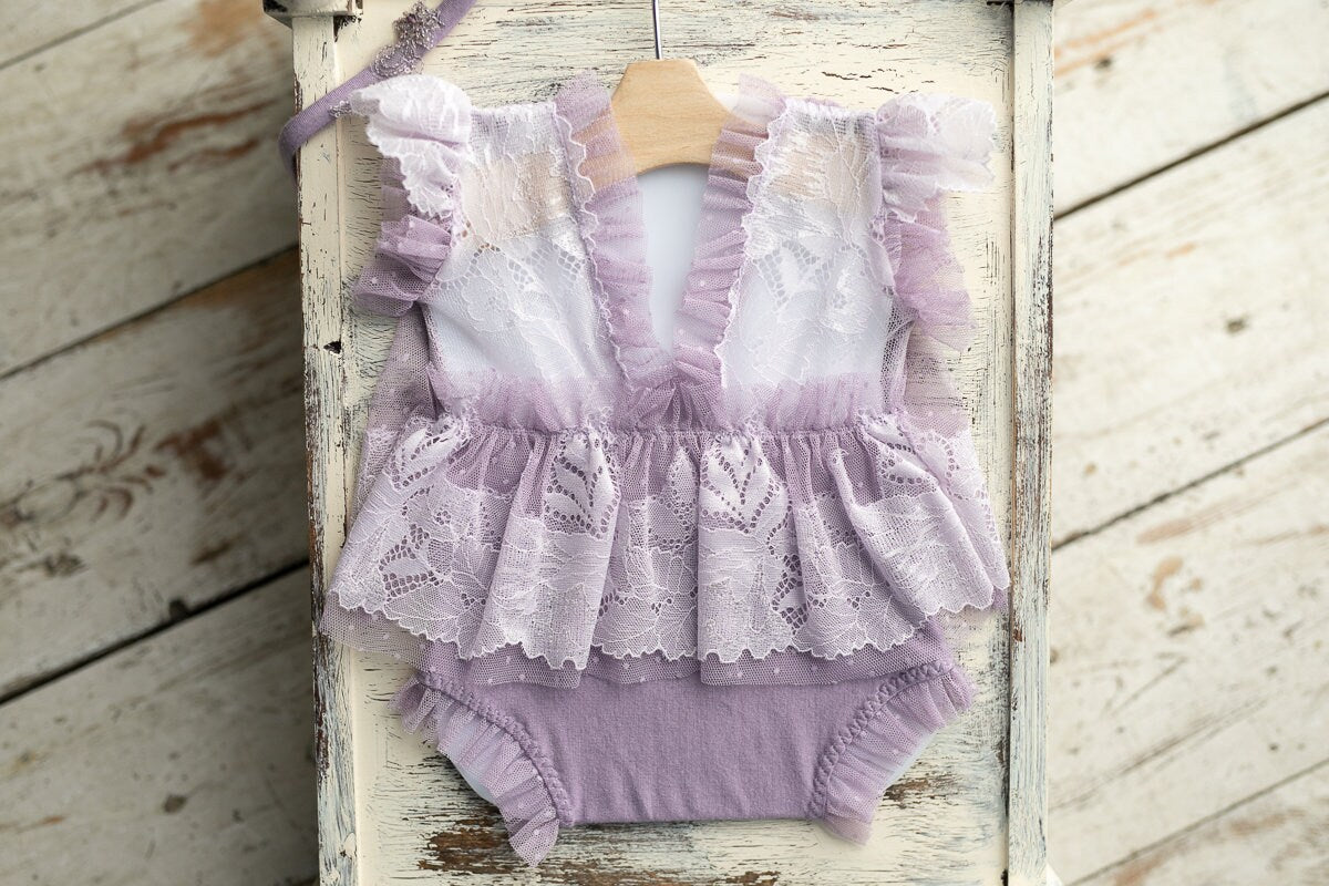 Romper for newborn girl with lace trim & headband,Newborn Outfit,Newborn photo outfit girl,Newborn Photography Prop,Newborn Photo Prop