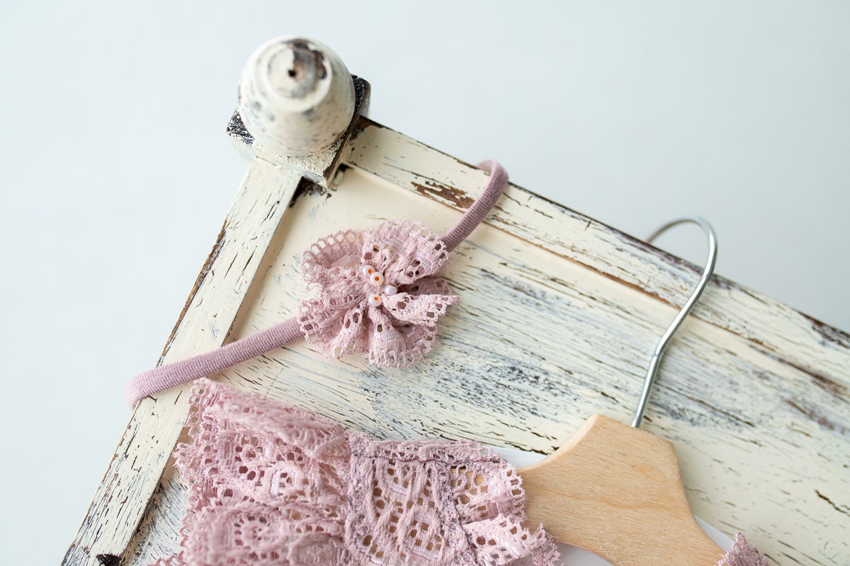 Newborn romper with Headband for newborn girls, Newborn Lace Romper, Newborn Outfit, Newborn Girl Outfit, Newborn Photography Props