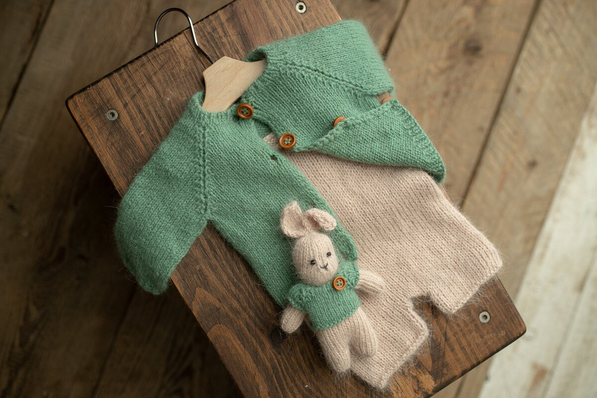 Newborn knitted Set-Romper,Bonnet,Bunny Toy,Jacket,Newborn photography outfit,Сable knit romper,Pregnancy gift,newborn props