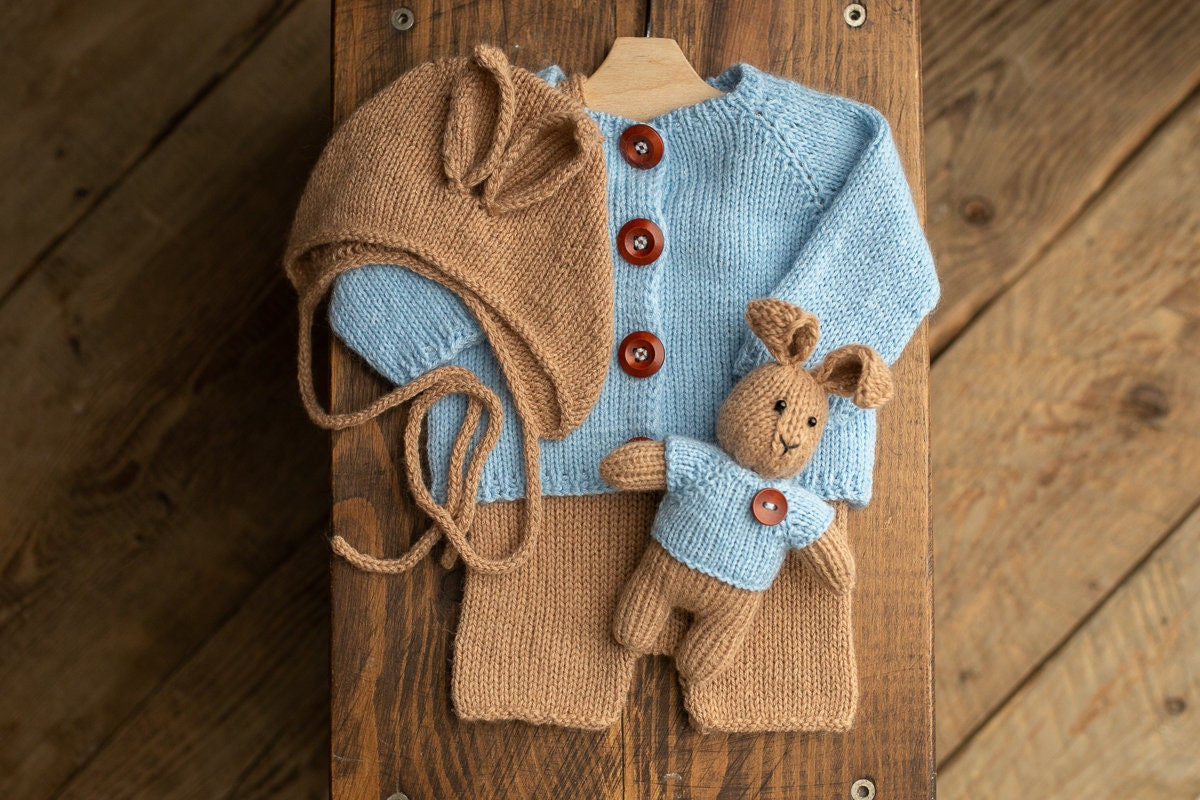 Newborn knitted Set-Romper,Bonnet,Bunny Toy,Jacket,Newborn photography outfit,Сable knit romper,Pregnancy gift,newborn props