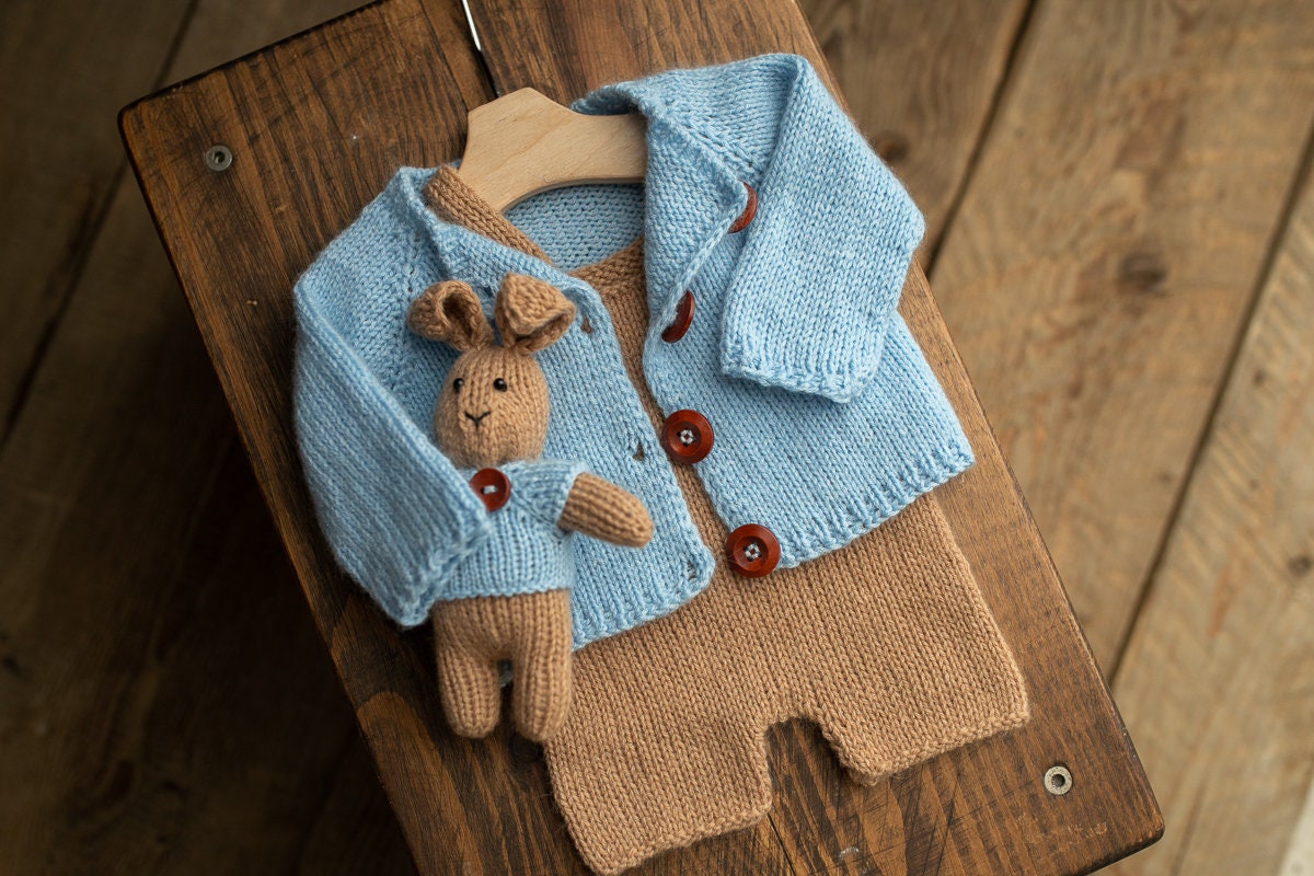 Newborn knitted Set-Romper,Bonnet,Bunny Toy,Jacket,Newborn photography outfit,Сable knit romper,Pregnancy gift,newborn props