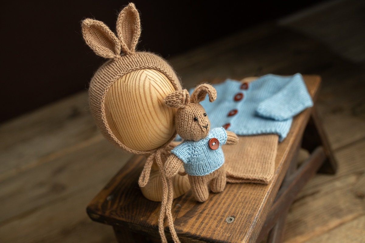 Newborn knitted Set-Romper,Bonnet,Bunny Toy,Jacket,Newborn photography outfit,Сable knit romper,Pregnancy gift,newborn props