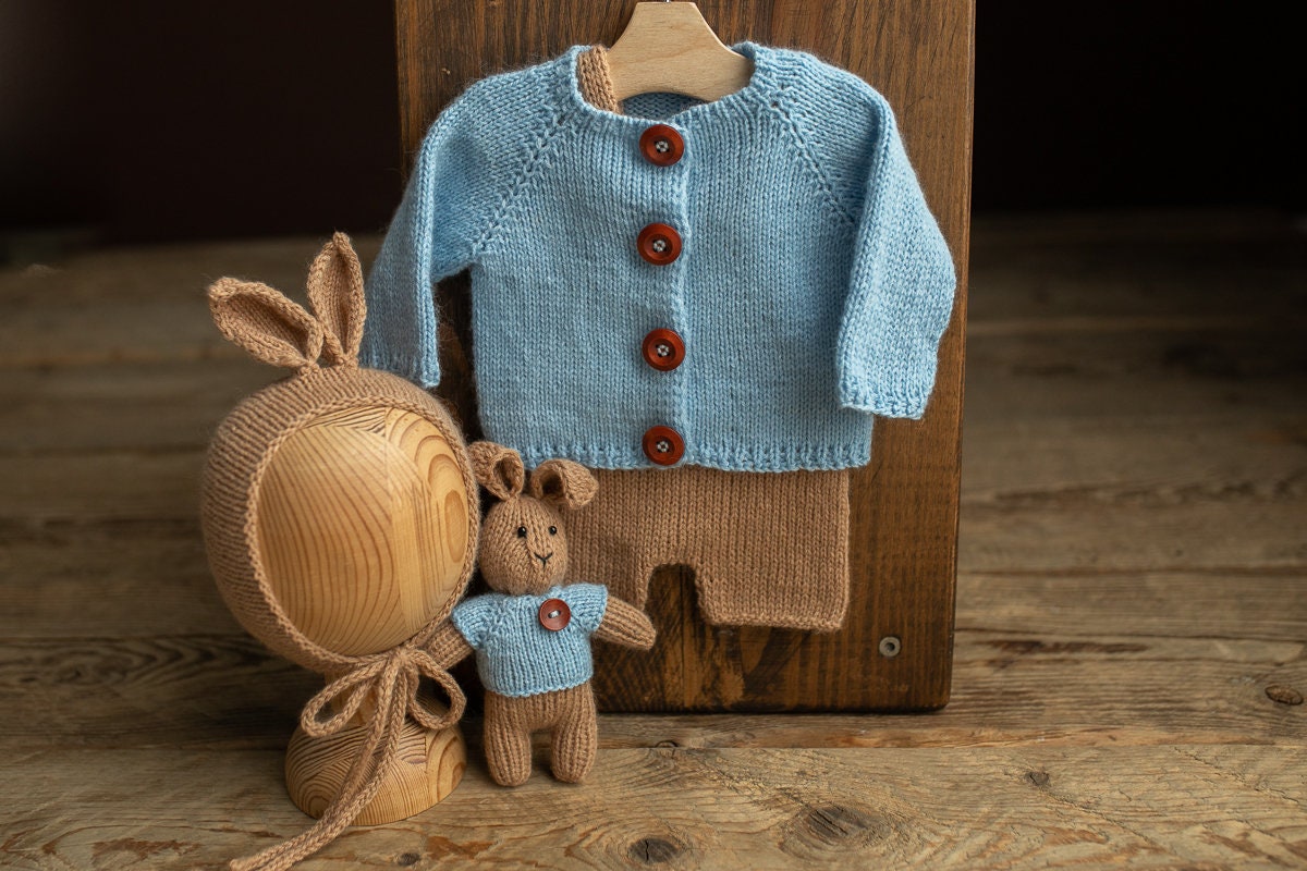 Newborn knitted Set-Romper,Bonnet,Bunny Toy,Jacket,Newborn photography outfit,Сable knit romper,Pregnancy gift,newborn props