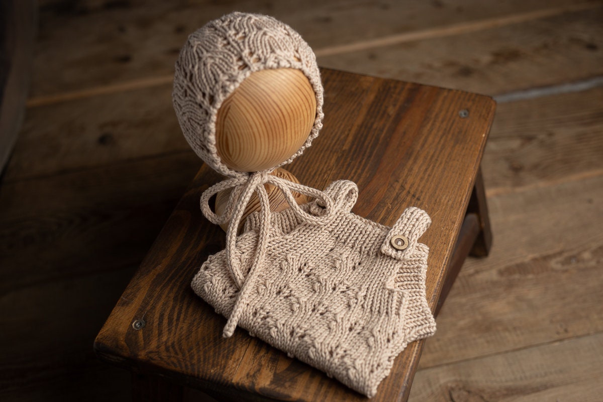 Knitted romper & bonnet,Newborn Photography Prop Set,Newborn photography outfit,Newborn girl photoshoot outfit,Pregnancy gift,Newborn props