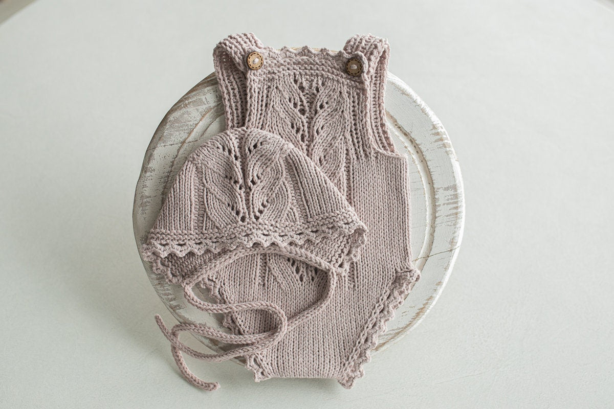 Knitted romper & bonnet,Newborn Photography Prop Set,Newborn photography outfit,Newborn girl photoshoot outfit,Pregnancy gift,Newborn props