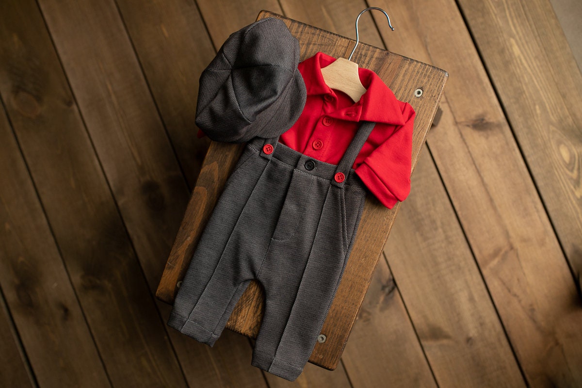 Newborn boy Romper with suspenders and stylish hat,Newborn Photography props,Newborn Photo Props,Newborn Outfit for Boy,newborn prop set