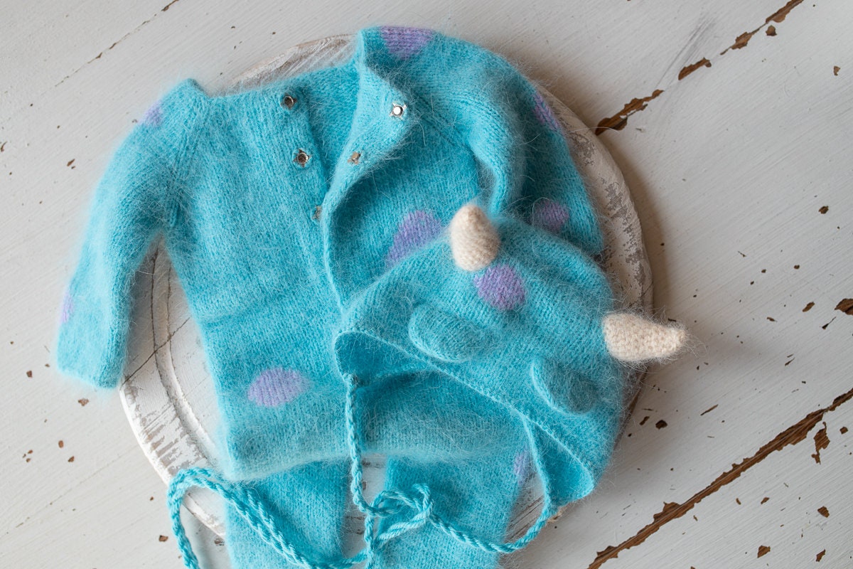 Knitted Romper and bonnet Monster ,Newborn Photography Prop Set,Newborn photography outfit,Newborn girl photoshoot outfit,Newborn Outfit