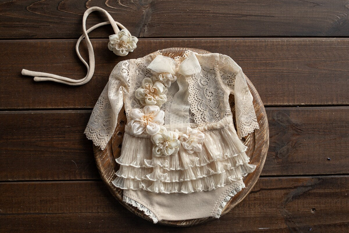 Newborn girl romper with elegant lace trim & headband,Newborn Romper,Newborn photography prop,Newborn photo outfit girl,Pregnancy gift