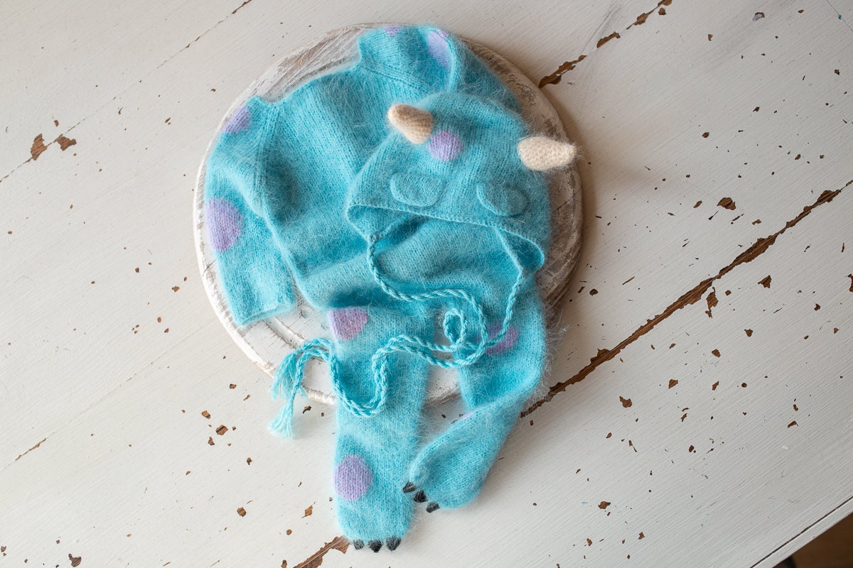 Knitted Romper and bonnet Monster ,Newborn Photography Prop Set,Newborn photography outfit,Newborn girl photoshoot outfit,Newborn Outfit