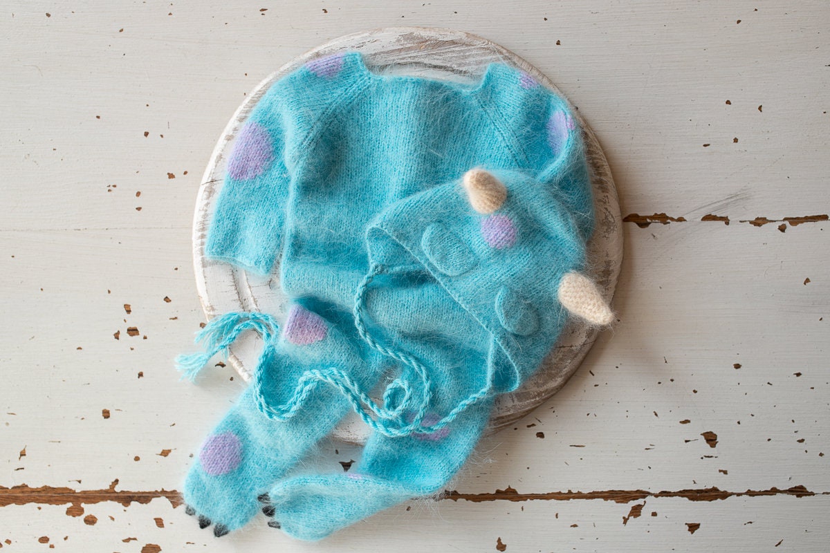 Knitted Romper and bonnet Monster ,Newborn Photography Prop Set,Newborn photography outfit,Newborn girl photoshoot outfit,Newborn Outfit