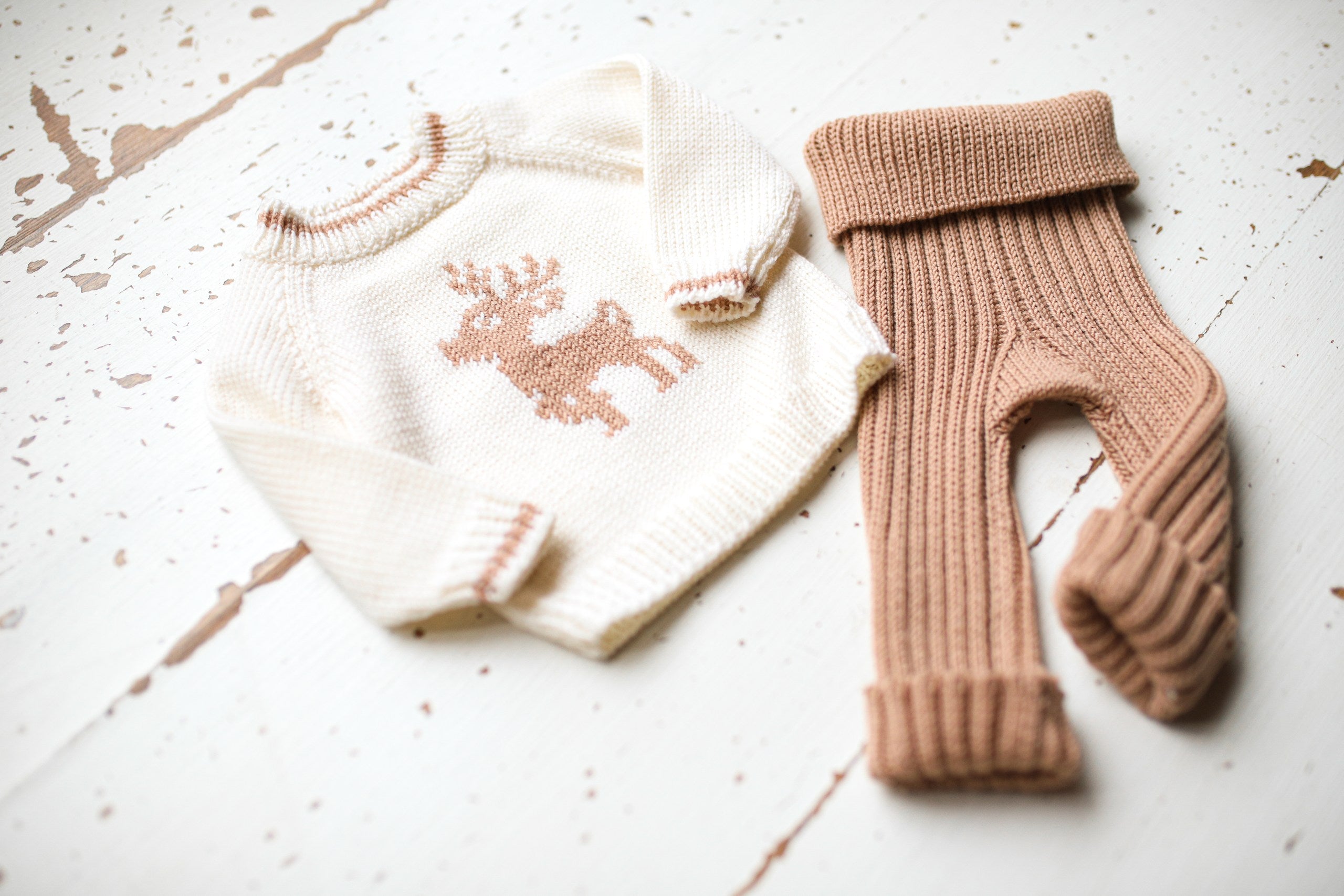 Handcrafted merino wool newborn photography props — sweater and pants set