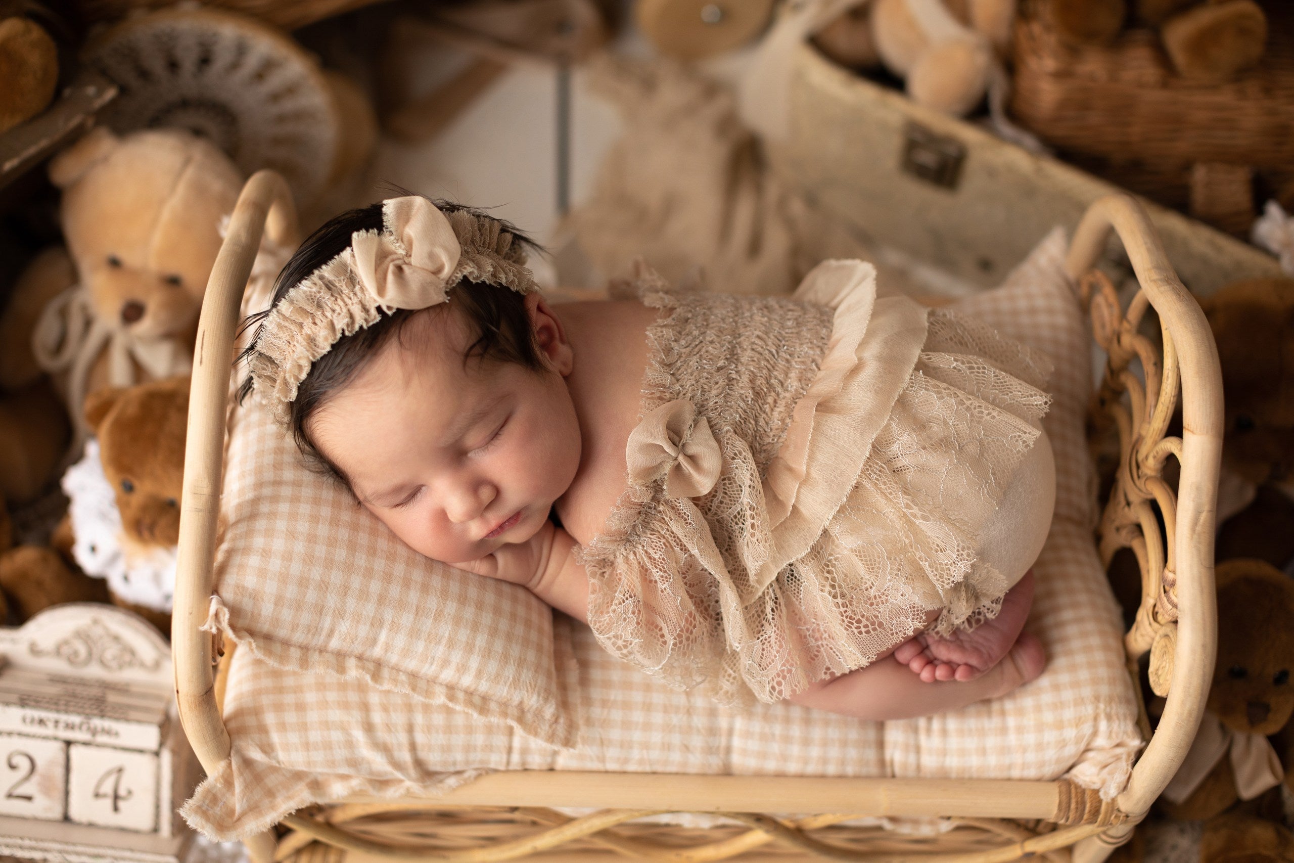 Newborn baby during a professional photo session with handcrafted props