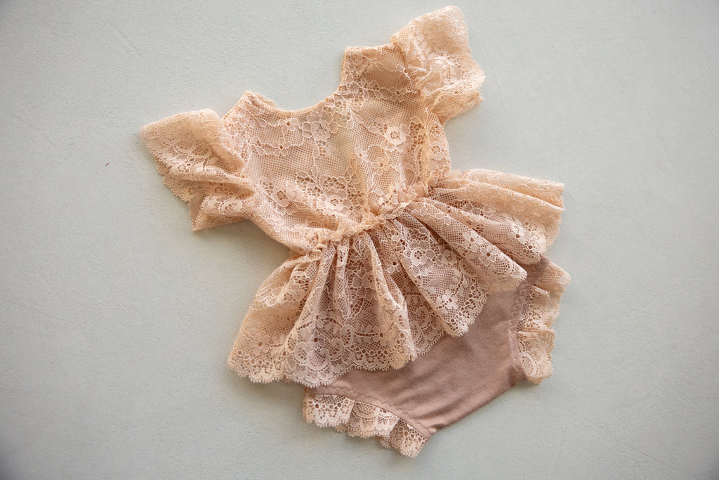 Peach Lace Newborn Romper with Peplum Skirt | Newborn Photo Prop