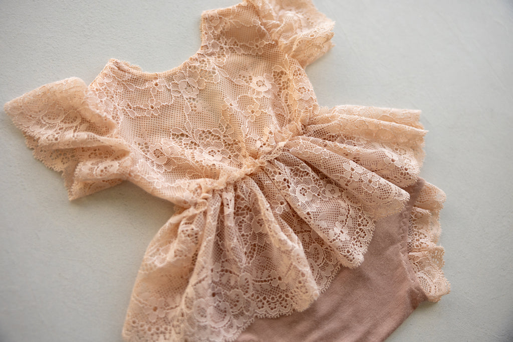 Peach Lace Newborn Romper with Peplum Skirt | Newborn Photo Prop
