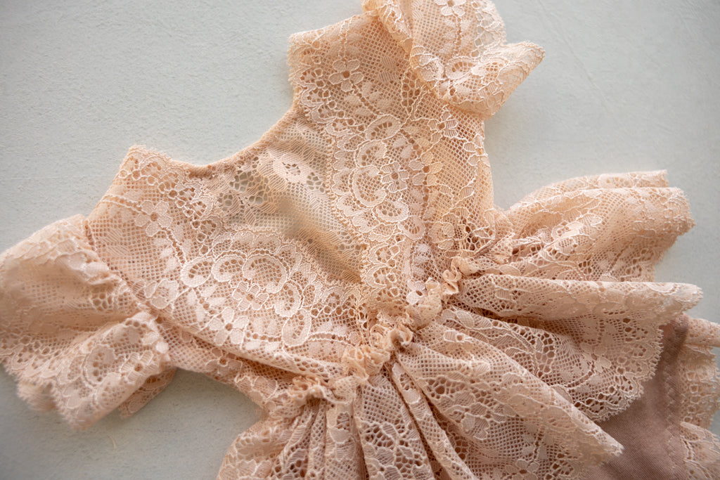 Peach Lace Newborn Romper with Peplum Skirt | Newborn Photo Prop