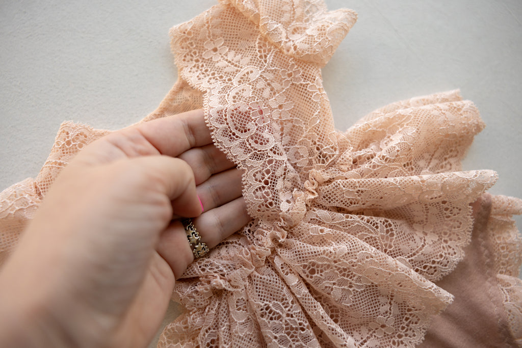 Peach Lace Newborn Romper with Peplum Skirt | Newborn Photo Prop