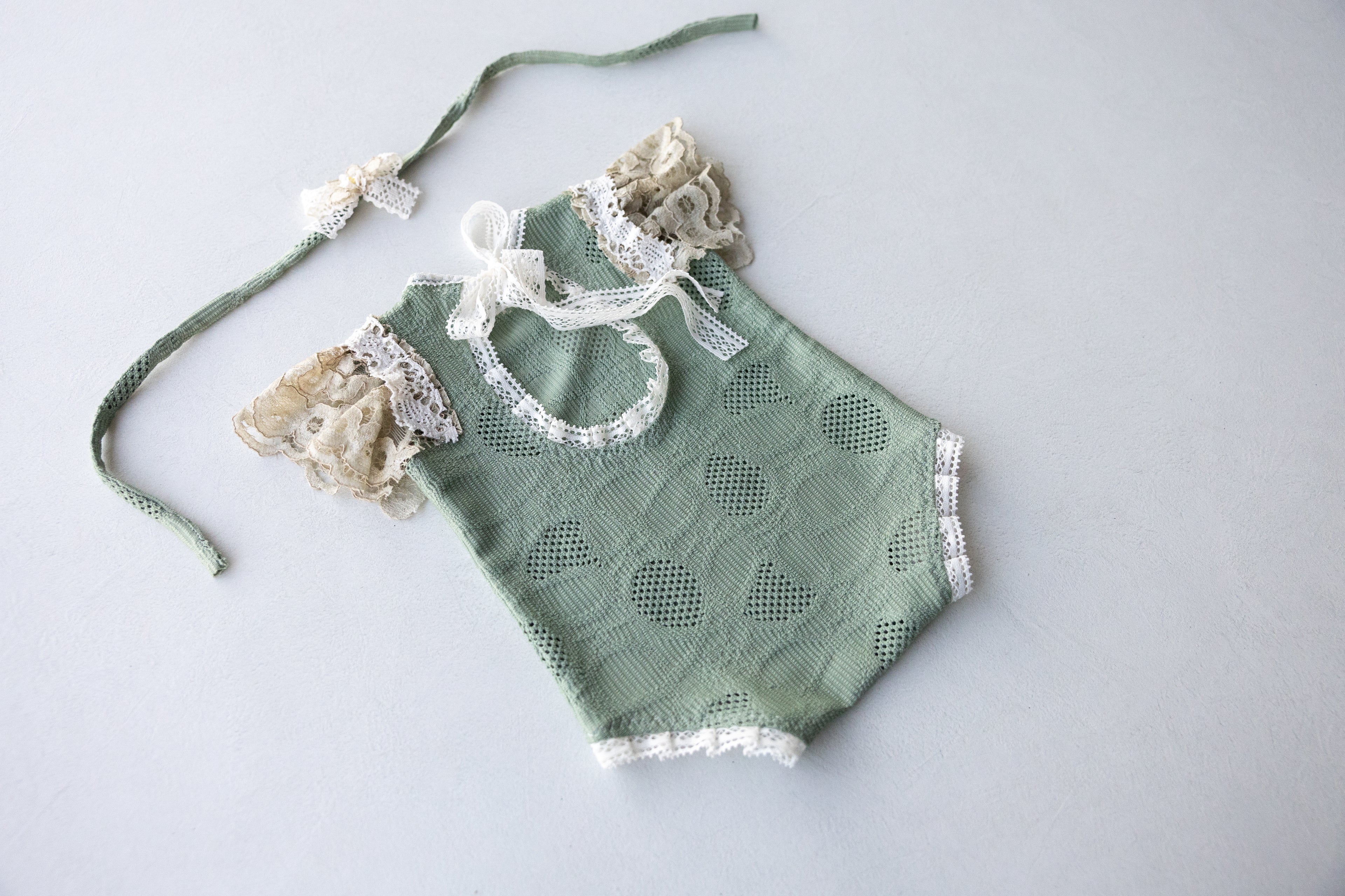 Sage Green Lace Newborn Romper & Bonnet Set | Newborn Photo Prop