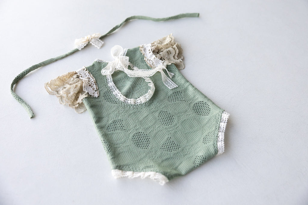 Sage Green Lace Newborn Romper & Bonnet Set | Newborn Photo Prop