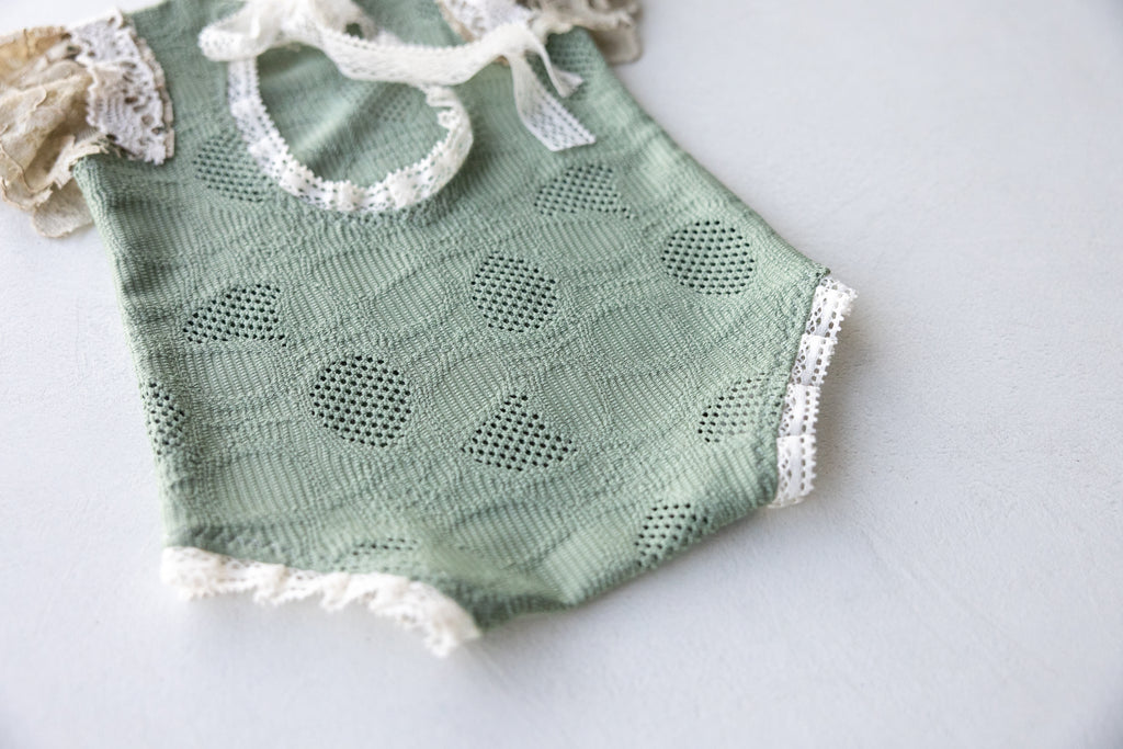 Sage Green Lace Newborn Romper & Bonnet Set | Newborn Photo Prop