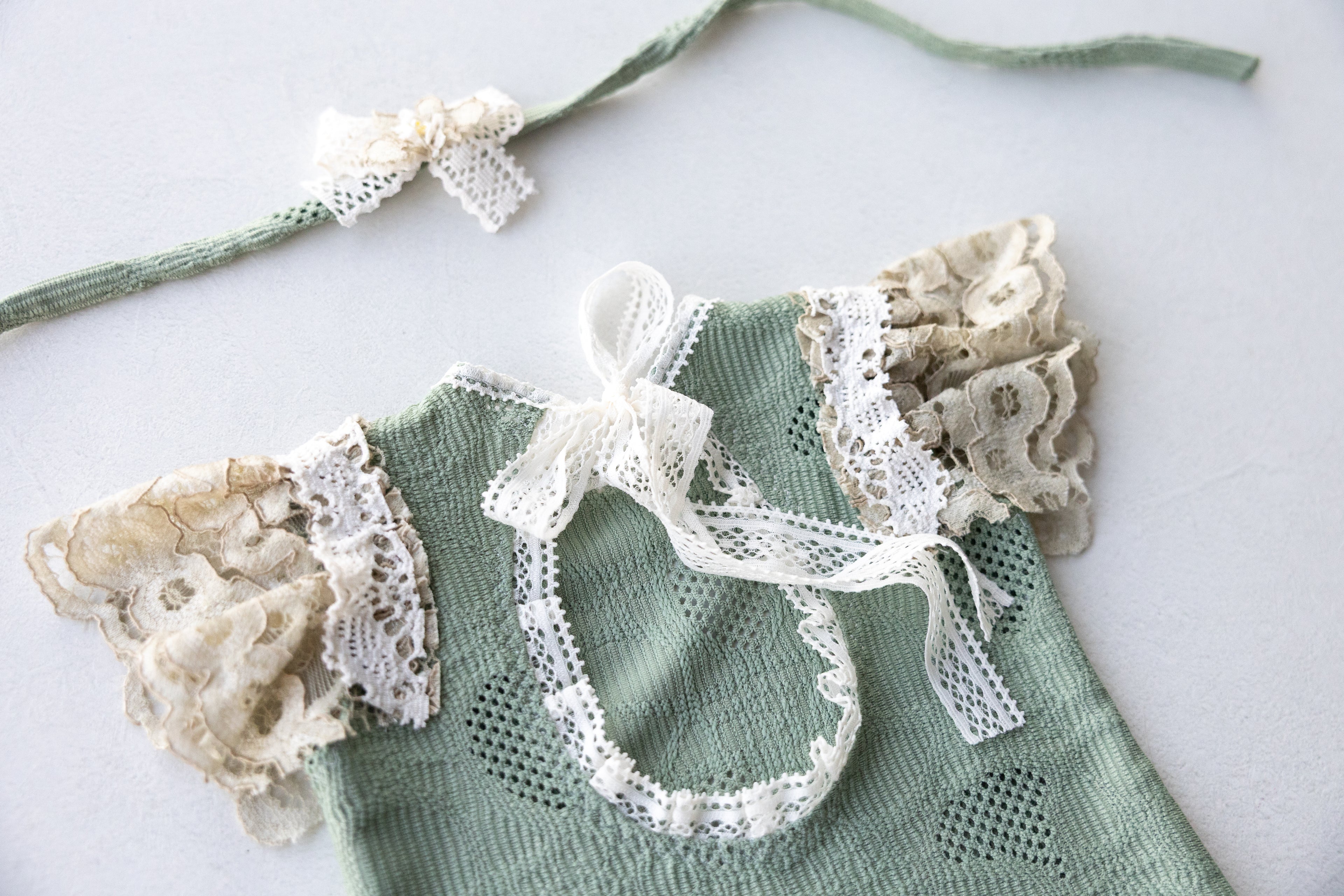 Sage Green Lace Newborn Romper & Bonnet Set | Newborn Photo Prop