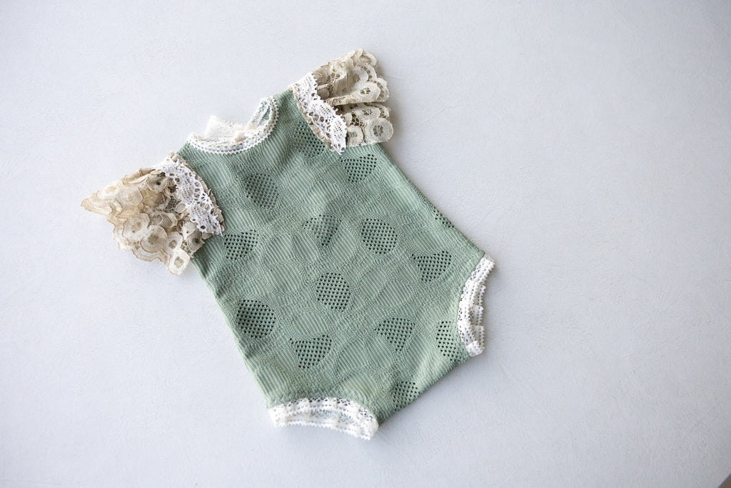 Sage Green Lace Newborn Romper & Bonnet Set | Newborn Photo Prop