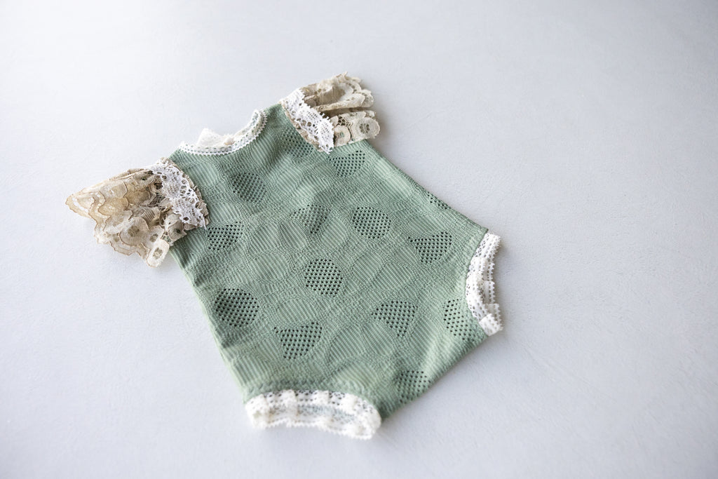 Sage Green Lace Newborn Romper & Bonnet Set | Newborn Photo Prop