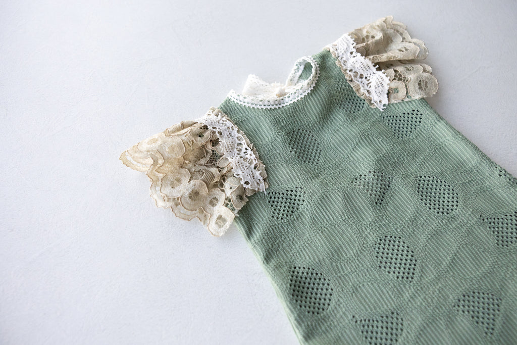 Sage Green Lace Newborn Romper & Bonnet Set | Newborn Photo Prop