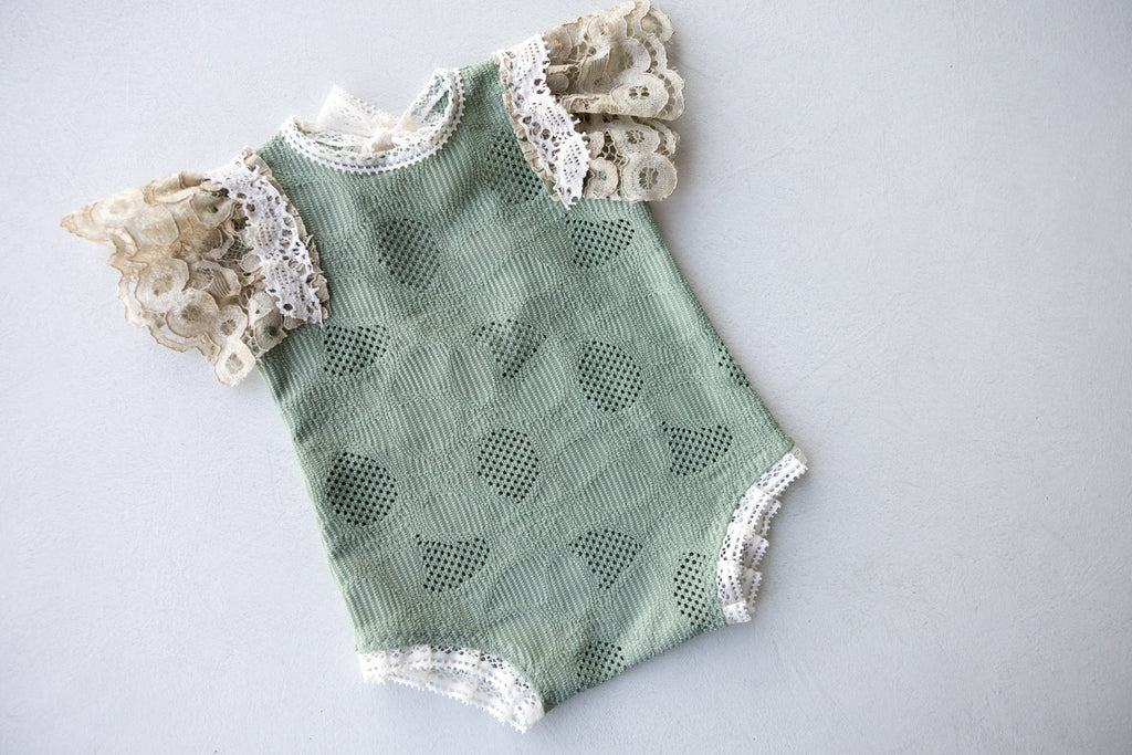 Sage Green Lace Newborn Romper & Bonnet Set | Newborn Photo Prop