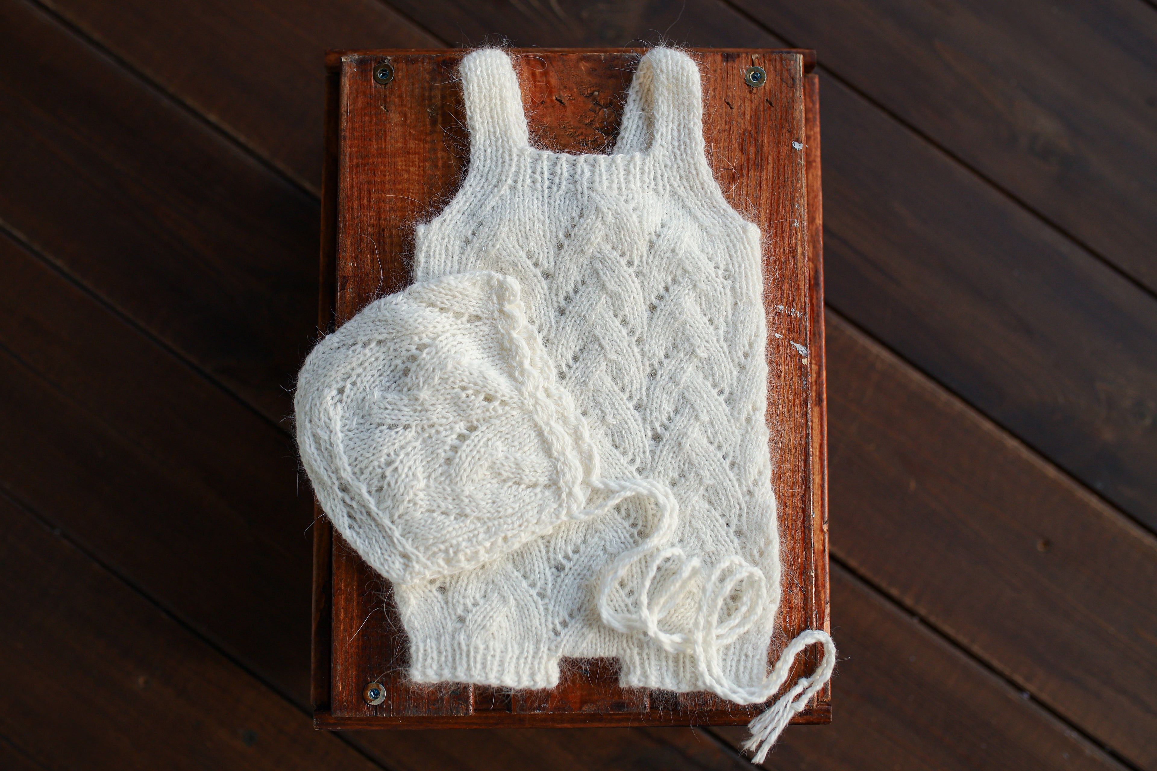 White Knit Lace Newborn Romper & Bonnet Set | Newborn Photo Prop