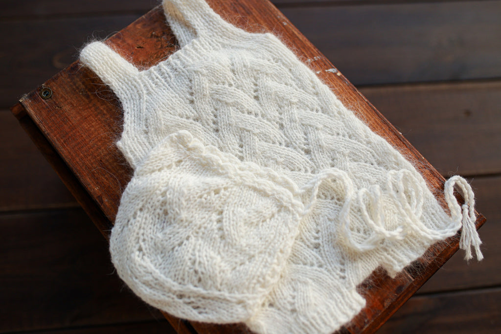 White Knit Lace Newborn Romper & Bonnet Set | Newborn Photo Prop