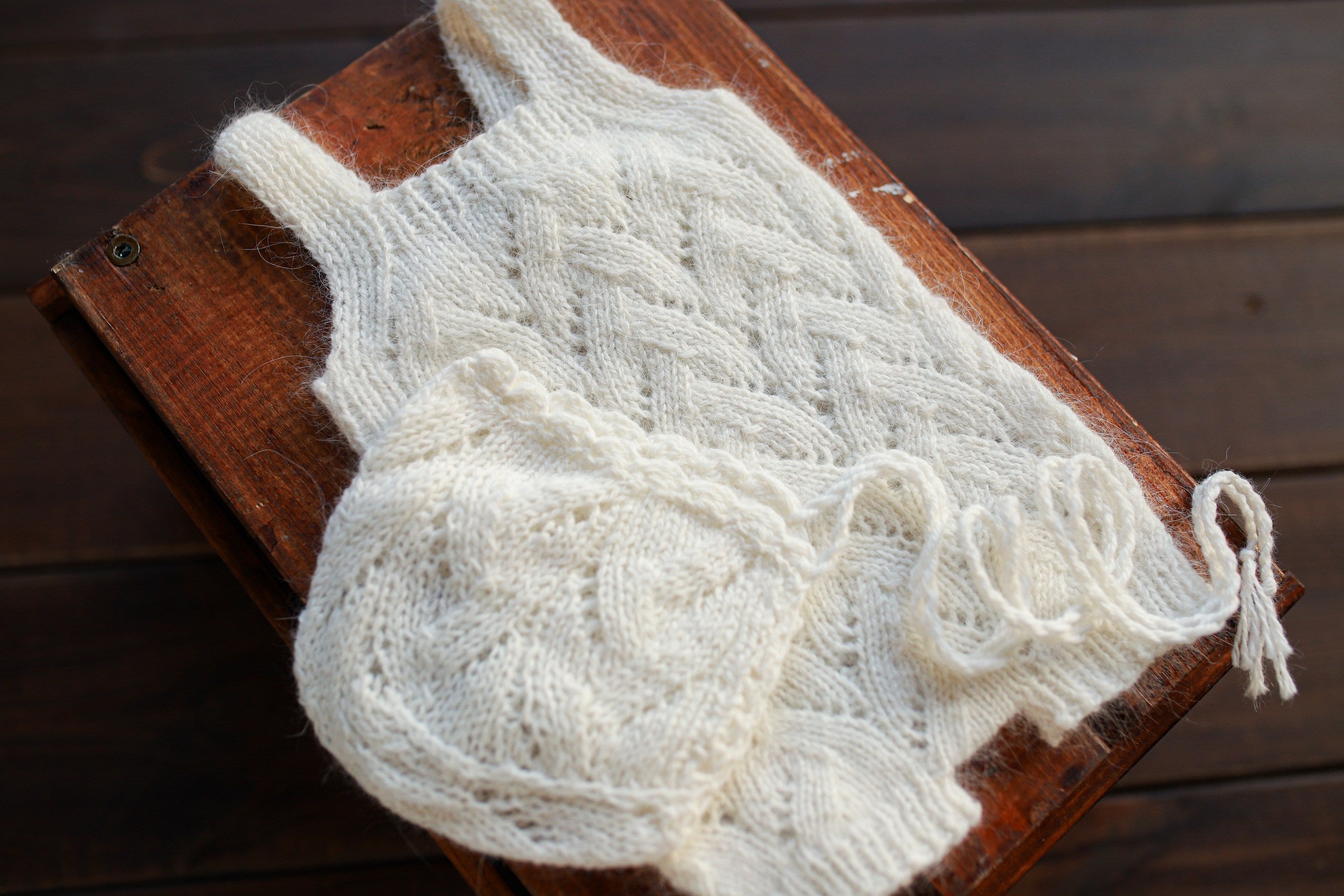 White Knit Lace Newborn Romper & Bonnet Set | Newborn Photo Prop