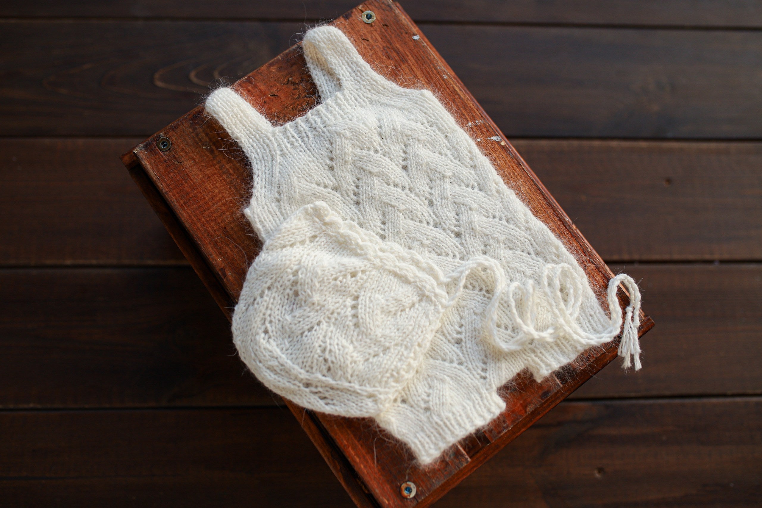 White Knit Lace Newborn Romper & Bonnet Set | Newborn Photo Prop