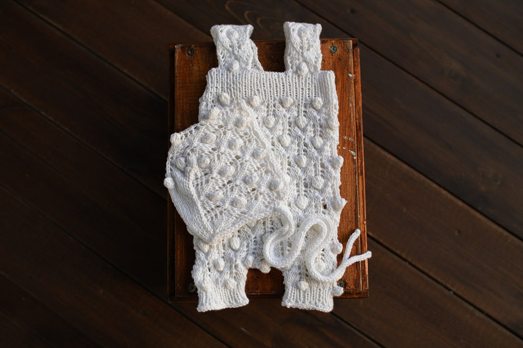 White Bobble & Lace Knit Newborn Romper & Bonnet Set | Newborn Photo Prop