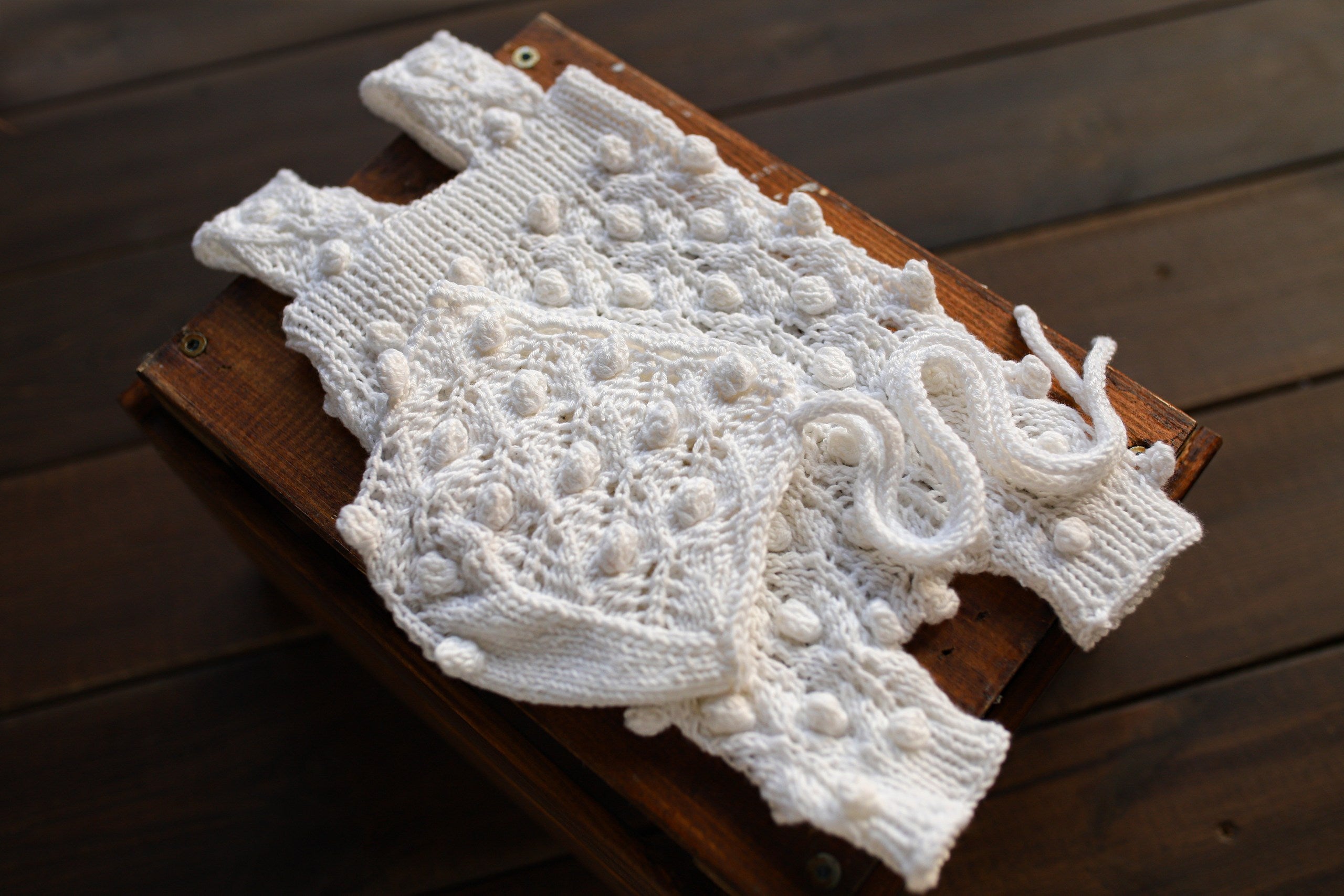 White Bobble & Lace Knit Newborn Romper & Bonnet Set | Newborn Photo Prop