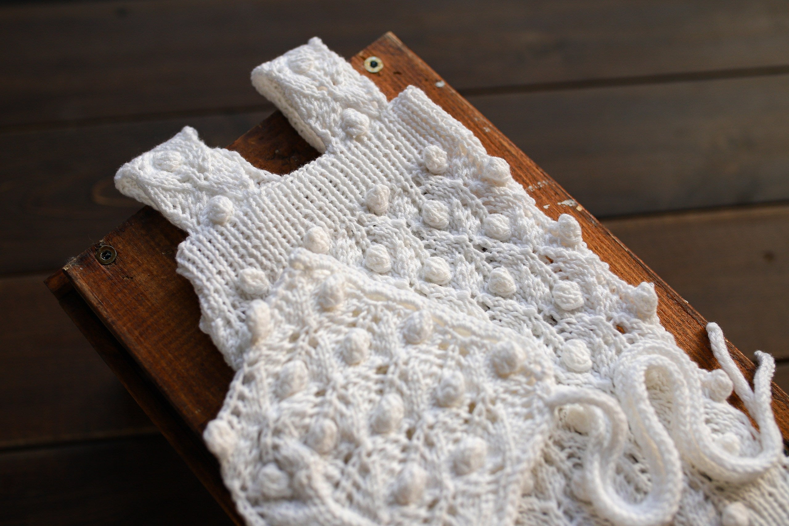 White Bobble & Lace Knit Newborn Romper & Bonnet Set | Newborn Photo Prop
