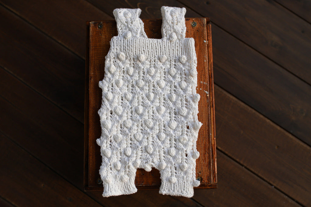 White Bobble & Lace Knit Newborn Romper & Bonnet Set | Newborn Photo Prop