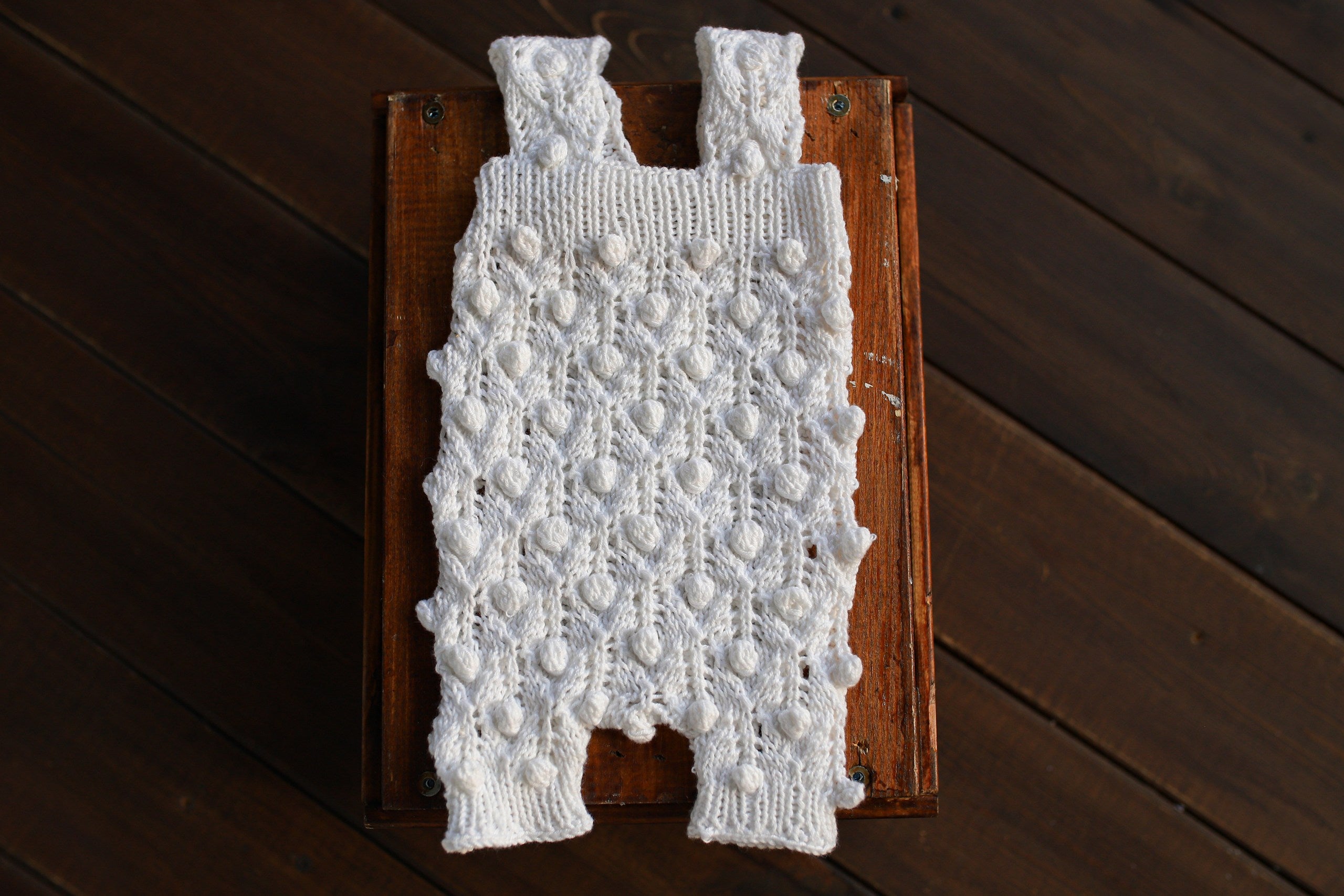 White Bobble & Lace Knit Newborn Romper & Bonnet Set | Newborn Photo Prop
