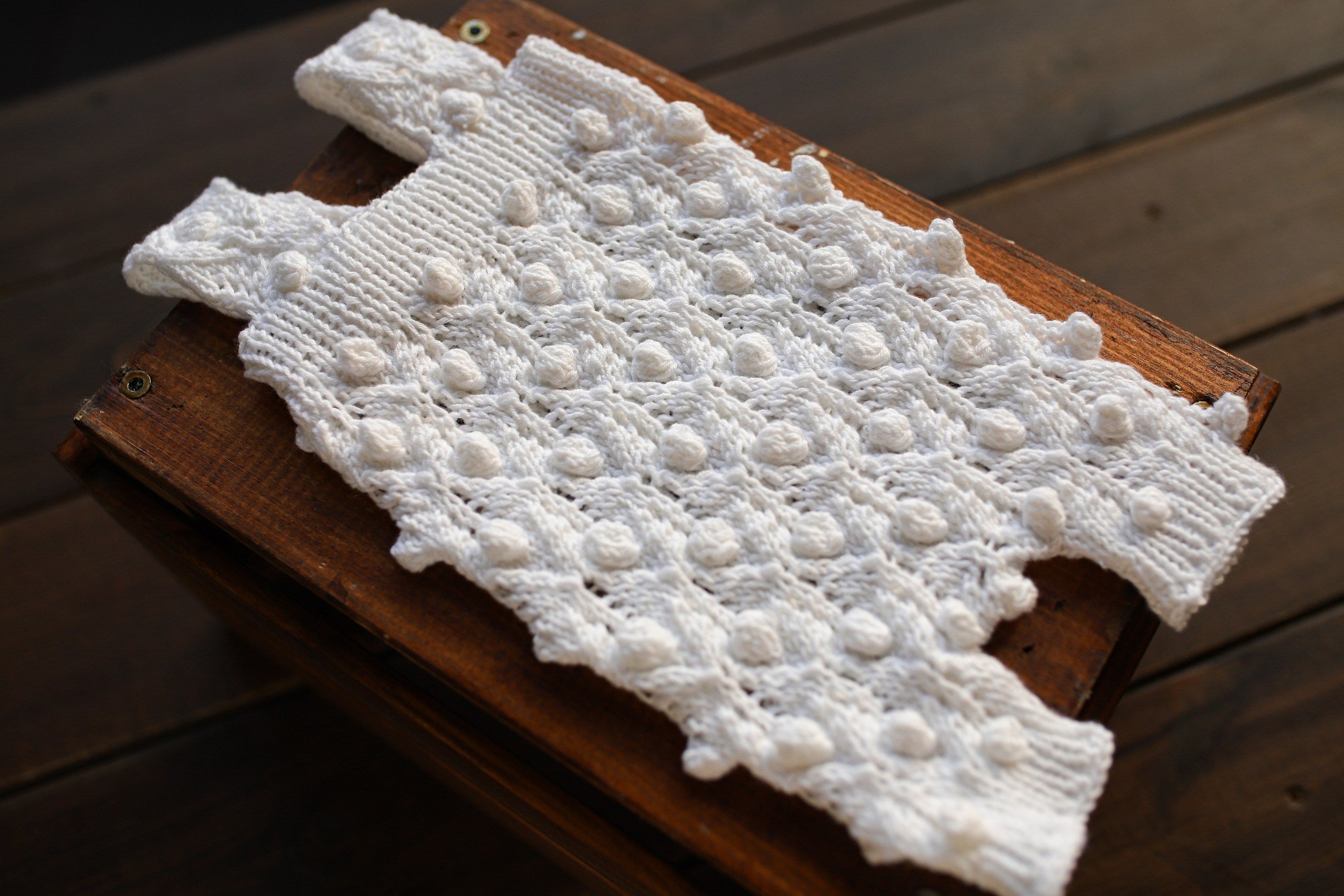 White Bobble & Lace Knit Newborn Romper & Bonnet Set | Newborn Photo Prop