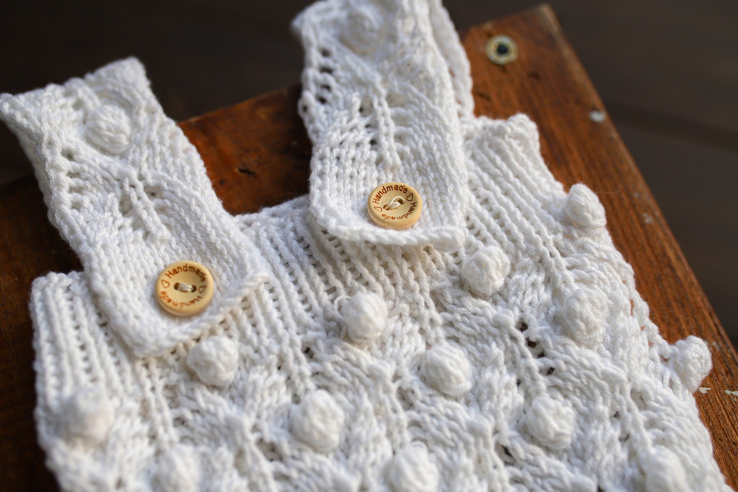 White Bobble & Lace Knit Newborn Romper & Bonnet Set | Newborn Photo Prop