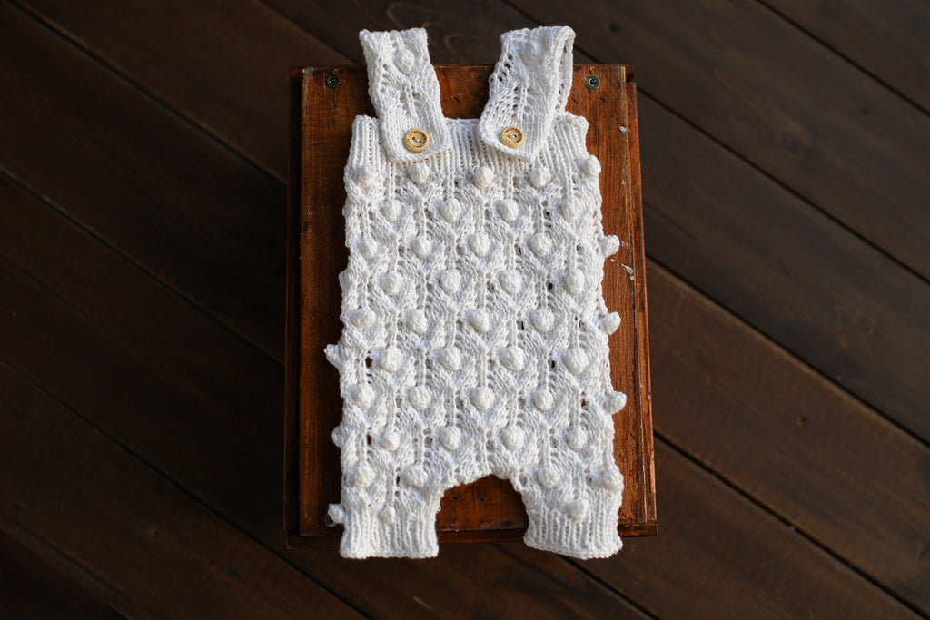 White Bobble & Lace Knit Newborn Romper & Bonnet Set | Newborn Photo Prop