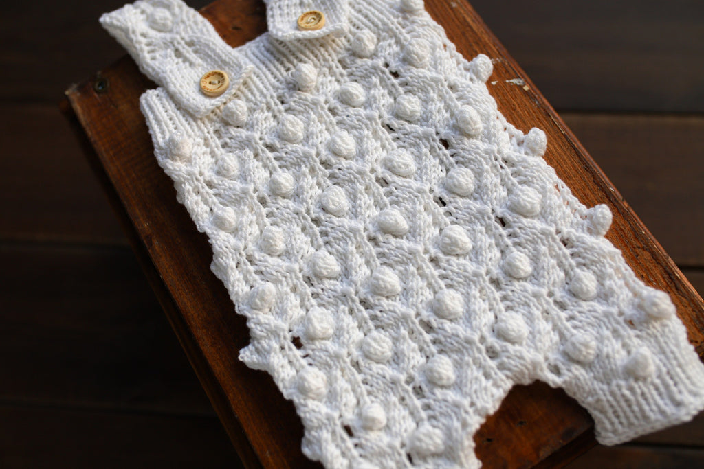White Bobble & Lace Knit Newborn Romper & Bonnet Set | Newborn Photo Prop