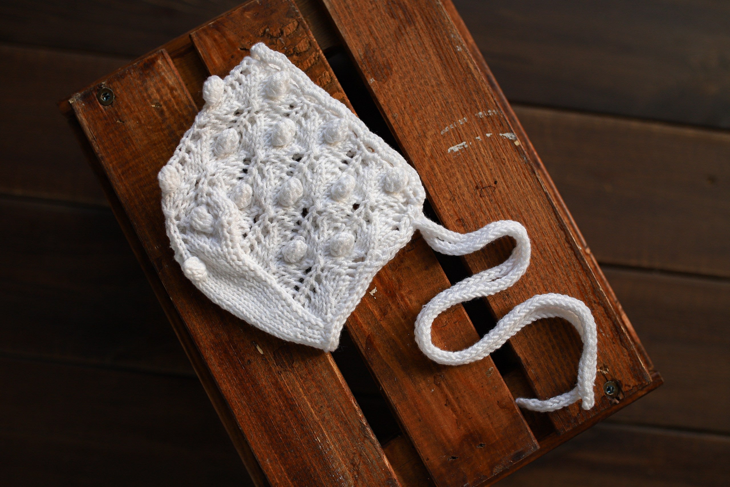 White Bobble & Lace Knit Newborn Romper & Bonnet Set | Newborn Photo Prop