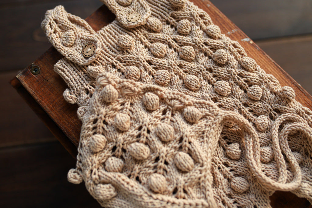 Linen Bobble & Lace Knit Newborn Romper & Bonnet Set | Newborn Photo Prop