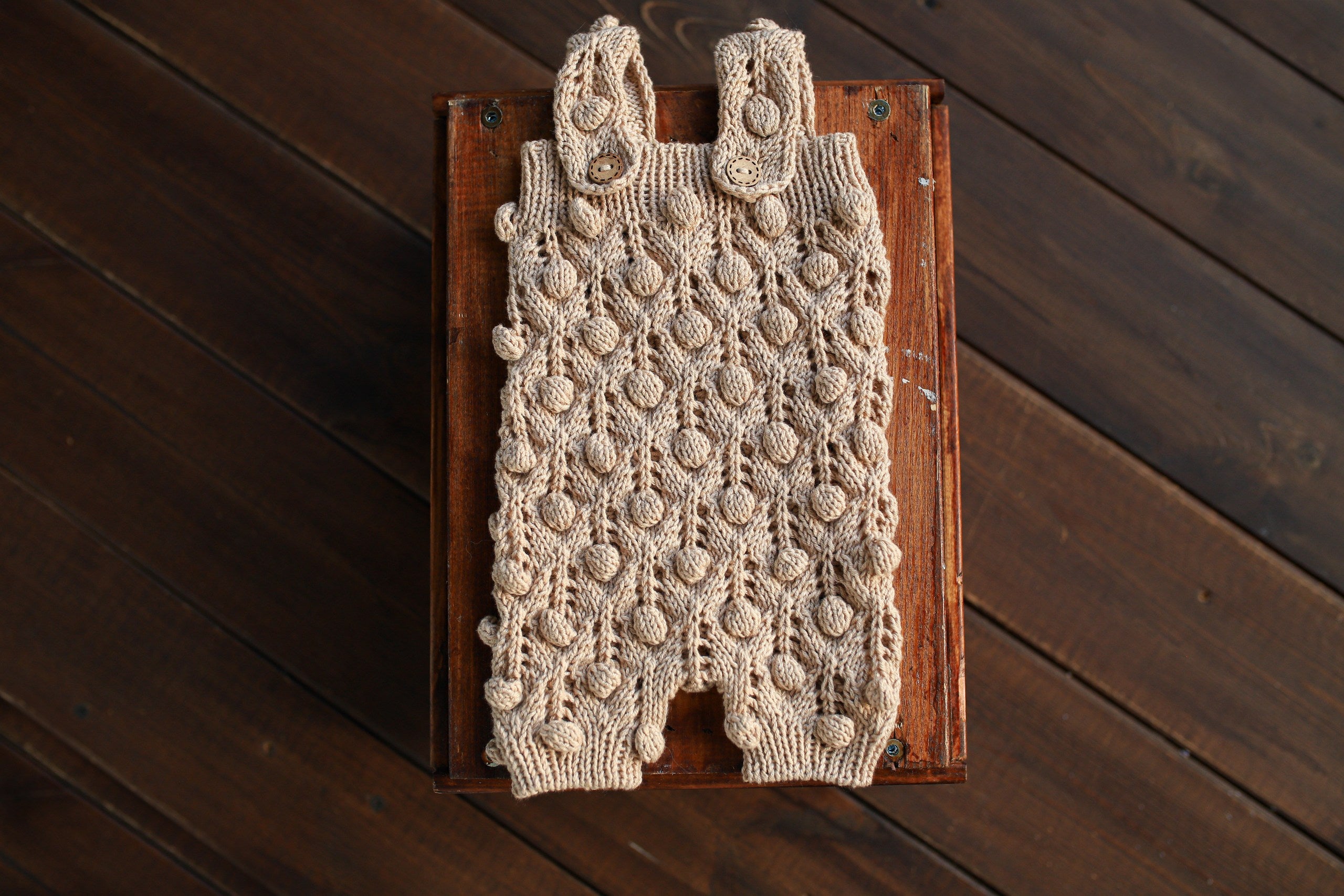 Linen Bobble & Lace Knit Newborn Romper & Bonnet Set | Newborn Photo Prop