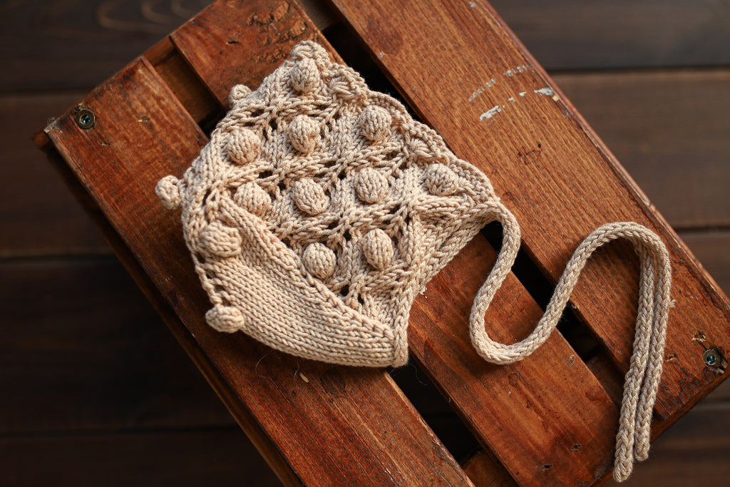 Linen Bobble & Lace Knit Newborn Romper & Bonnet Set | Newborn Photo Prop