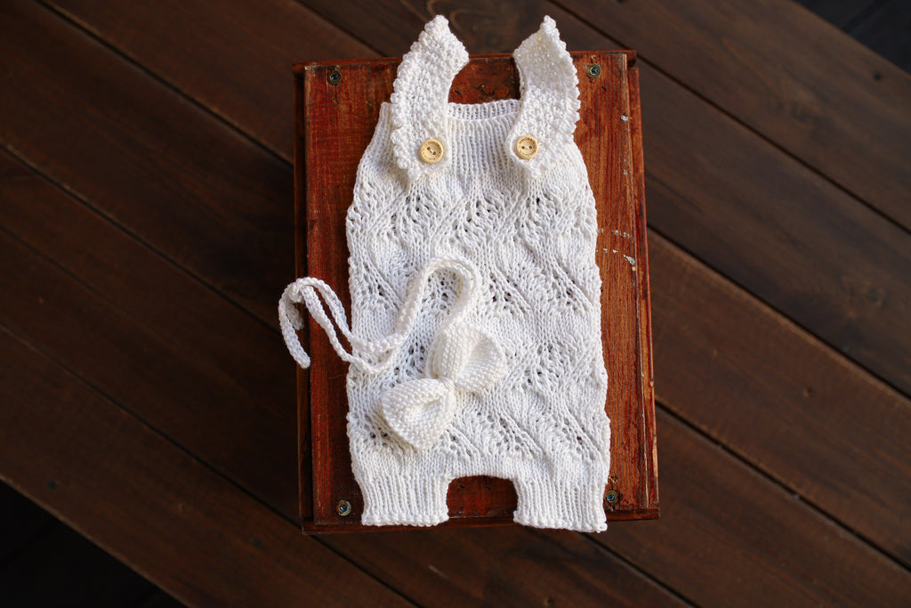 White Leaf Lace Knit Newborn Romper & Headband Set | Newborn Photo Prop
