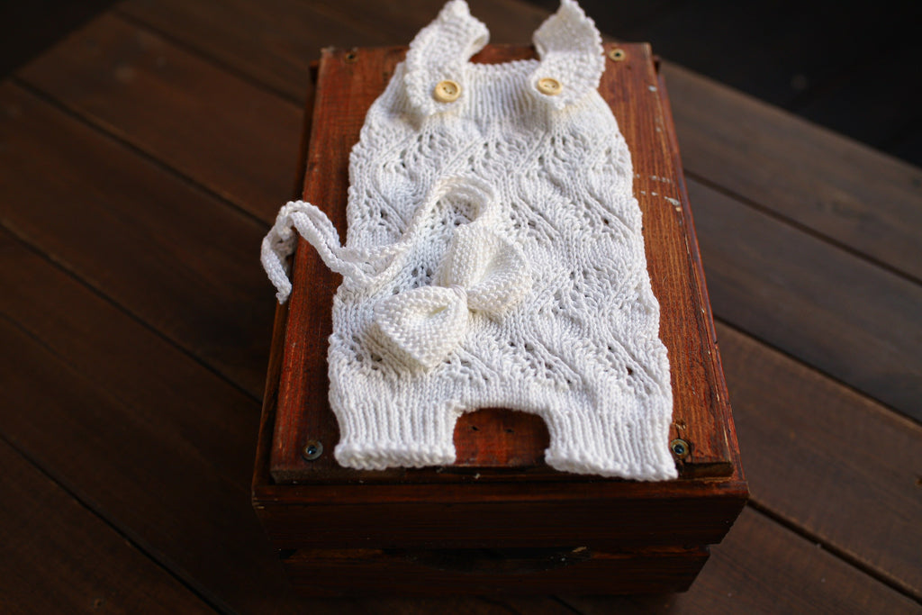White Leaf Lace Knit Newborn Romper & Headband Set | Newborn Photo Prop