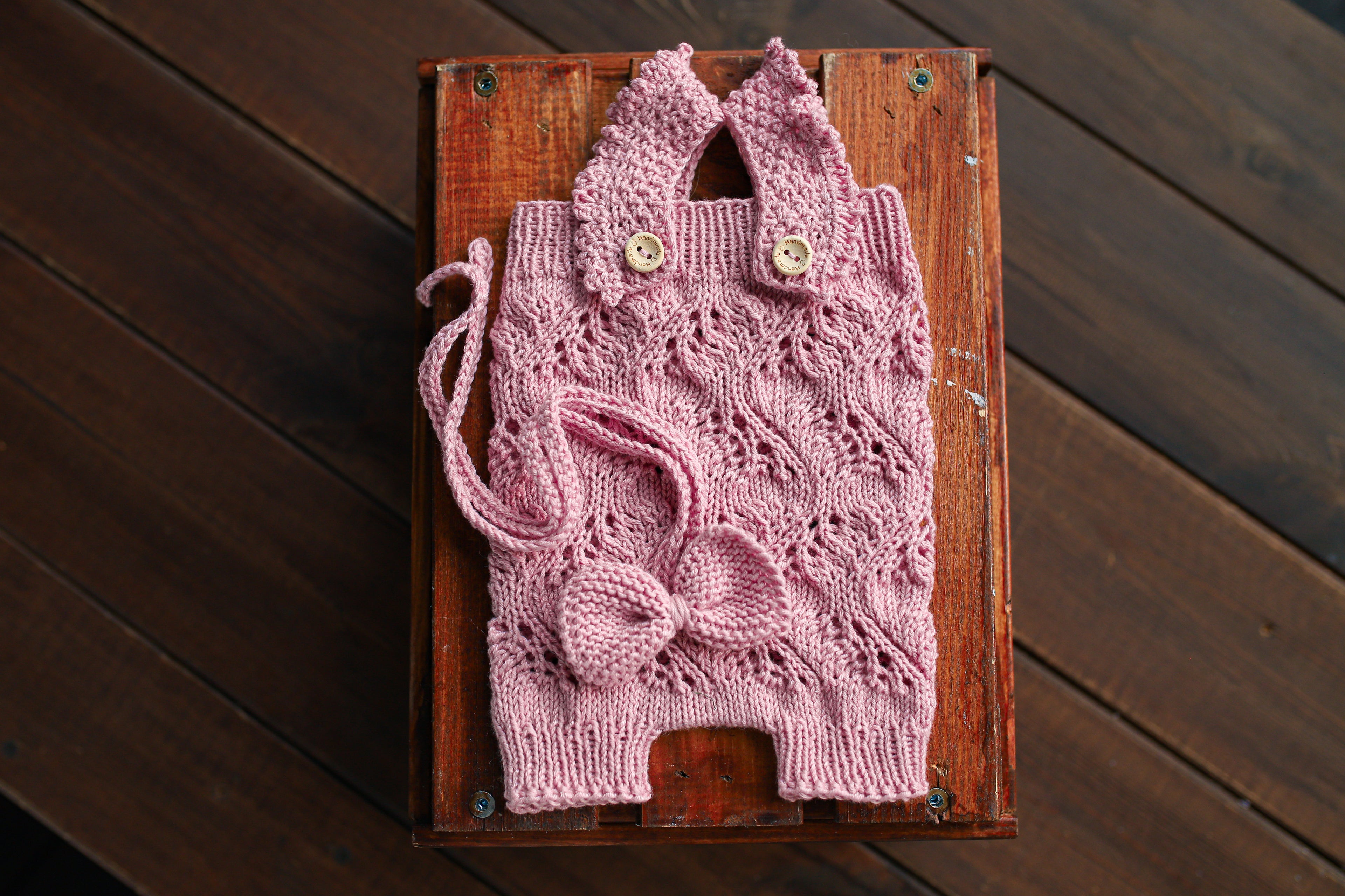 Dusty Pink Leaf Lace Knit Newborn Romper & Headband Set | Newborn Photo Prop